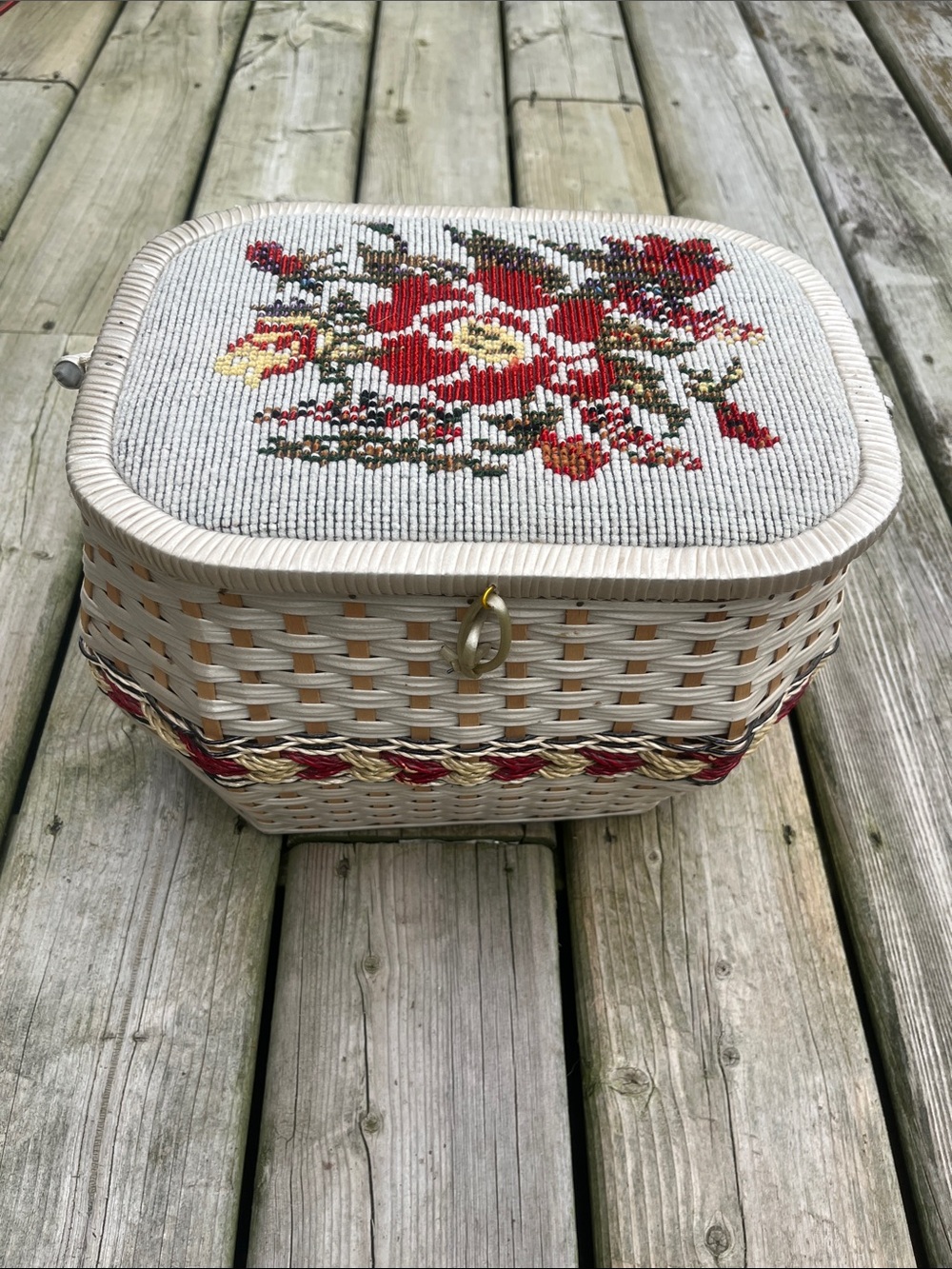 Vintage 1960s Eatons Woven Sewing Basket with Floral Needlepoint Lid
